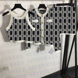 Maze Pattern Sweeathers malhas vestido de colete Cardigan 3pcs Conjuntos de moletons de tricô comprido Sortos curtos da cintura alta