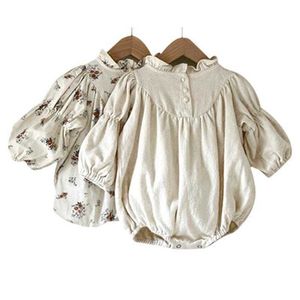 Rompers 03y Baby Girl Retro Flowers с длинными рукавами боди плесень формы воротник хлопковой комбинезон осень сладкое твердое мягкое платье новая одежда J220922