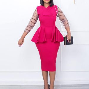 Casual Dresses 2022 African Style Temperament Commute Mesh V-Neck Patchwork Ruffled Pencil Dress Slim-Fit Polka Dot Midi