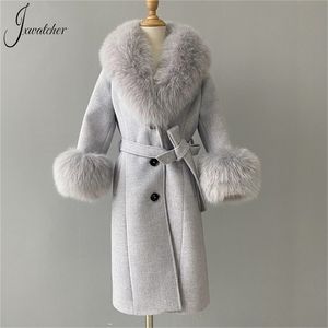 Женская шерстяная смеси Jxwatcher Kids Cashmere Trench Coats с большим настоящим меховым воротником и манжетами для девочек Зимний ремень Slim Coat Boys Fall Overdwear 220930