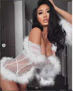 Women's Sleepwear Women Sexy Lingerie Mesh Sheer See Through Long Flare Sleeve Feather Dress Nightwear Robe Night Gown Erotic Hot T221006