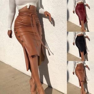 Kjolar 2022 mode kvinnors midi kjol smal skurna läder bälte fast färgknapp blyerts stretch wrap hip 3 färger opti