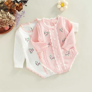 Rompers Baby Girl Autumn Ubrania Flower Haft okrągły szyję z długim rękawem Kościel