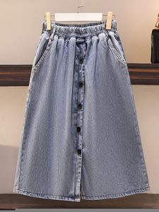 Vestidos de tamanho plus size women women vintage Office Lady Lady Elegant Long Shairts Summer Elastic da cintura de jeans Pocket One Step Hip Skirt 221006