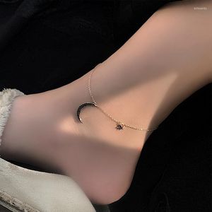 Anklets Real 925 Sterling Silver Black Crystal Star Moon Pendant Link Chain Anklet Party Jewelry For Women Beach Wedding Gift