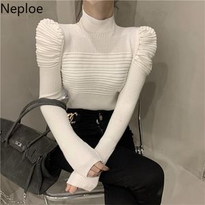 Kvinnors tröjor neploe mode veckade tröjor för kvinnor elegant puffhylsa vita smala toppar koreanska turtleneck tröja jumper höstkläder 221006