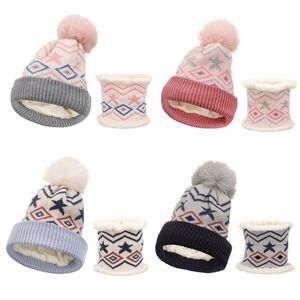 Children Kids 2 Pieces Winter Beanie Hat Scarf Set Pompom Warm Knit Hat Thick Plush Velvet Lined Winter Skull Cap & Scarf