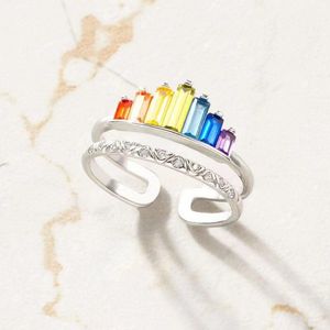 Anelli colorati bohémien Double Layel Rainbow CZ Ring per le donne Ragazze Fashion Engagement Wedding Band Gioielli con dita di fascino di alta qualità