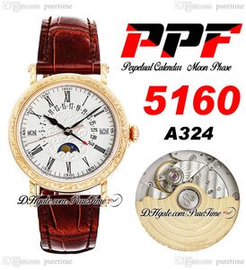 Calendário perpétuo PPF 5960R A324 Automático Mens relógio Lua Fase 38 Gold de ouro rosa Prata Totem Dial Blue Roman Brown Leather Super Edição Puretime E5
