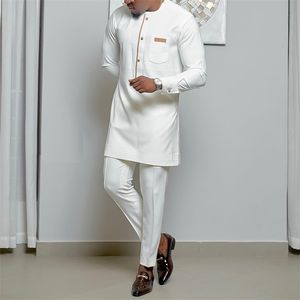 Męskie dresy białe Kaftan 2 -częściowe zestawy męski garnitur guziki Załoga szyi kieszenie na szyję długie rękaw i spodnie ślub styl etniczny strój ubrania 221006
