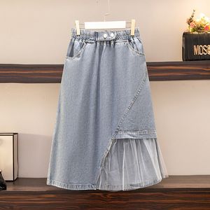 Vestidos de tamanho grande 150 kg de tamanho feminino de malha solta costura alta cintura alta aline jeans saia azul quadril 145cm 5xl 6xl 7xl 8xl 9xl 221006