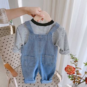 Rompers Fall Denim Baby Girl Boy Overalls Solid Jeans Jumpsuit Pocket Barn Casual Loose Rompers Blue Kids Overalls Outfits J220922