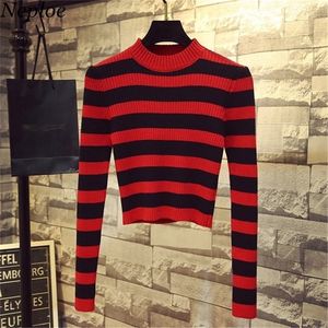 Women's Sweaters Neploe Autumn Korean Women Sweater Half Turtleneck Slim Sueter Mujer Long Sleeve Striped Knitted Short Pullovers 68509 221006