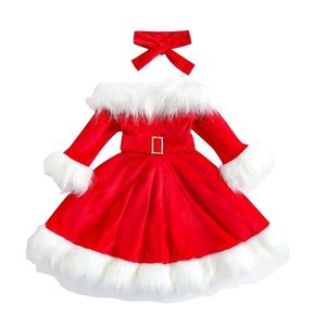 Girls Dresses Kid Baby Girl Christmas Clothes Set Faux Fur Patchwork Long Sleeve Off Shoulder ALine Dress with Belt Bow Headband 17T 2201006