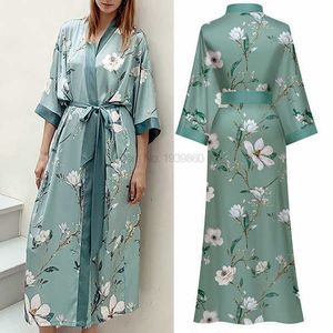 Women's Sleepwear Satin Robe Women Summer Nightgown Lingerie Print Flower Sleepwear Nightdress V-Neck Kimono Bathrobe Gown Nightwear Loungewear T221006