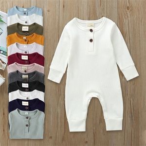 FOOTIES 018M unisex född baby pojke tjej knapp romper småbarn bomull fast färg stickad ribbad långärmad jumpsuit spädbarn kläder 2201006