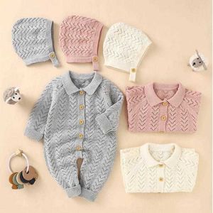 Rompers Boy Spring Spring Autumn Fashion Turndown Collar Romper Solid Baby Girl Macacão de tricô confortável com Hollow Out Hat J220922