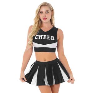 Damskie dresy damskie mundurek cheerleaderek taniec przyjdź V Neck krótki top bez rękawów z plisowaną spódnicą szkolne dziewczyny cheerleaderka strój Cosplay T220909