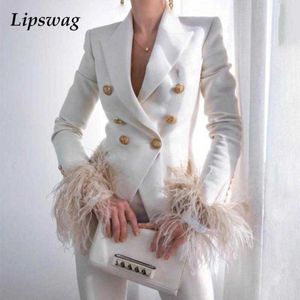 Jackets Elegant Turn-down Collar Lady Blazer Top Casual Long Sleeve Women Suit Coat Fashion Fuzzy Feather Double-Breasted Jacket Outwear Y2210