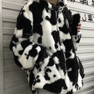 Jacken Winter Frauen Fleece Pelzigen Teddy Mantel Harajuku Milch Kuh Druck Faux Pelz Jacke Vintage Hip Hop Warme Streetwear Y2210