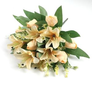 Decorative Flowers Artificial Silk Bouquet Simulation Tulip Lily Wedding Bridal Valentine's Day Gift Home Garden Desktop Flower Arrangement