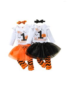 Roupas conjuntos de 4pcs Toddler Halloween Roupetfits Letters Mangas compridas Romper Tutu Salia Perna mais quente Bandada de cabeça para meninas