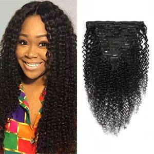 Indian Clip In Human Hair Extensions Kinky Curly Bundles 8 Pieces/Set 120g Natural Color Remy Hair