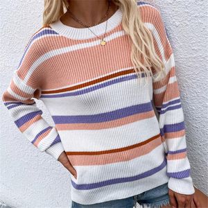 سترات نسائية للنساء عتيقة مخططة غير رسمية سترة الخريف السترة ذات الأكمام الأنيقة Long Sleeves O-Neck Soulder