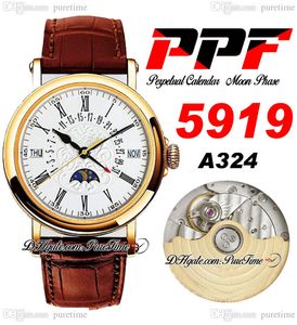 PPF Perpetual Calendar 5960R A324 Automatic Mens Watch Moon Phase 38mm Yellow Gold 3D Flowers Totem Dial Silver Roman Brown Leather Super Edition Puretime A1