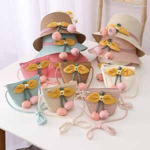 Berretti estivi con fiocco a coste cappello di paglia floreale da sole con borse per bambini bambini ragazzo ragazze carino protezione solare 2 pezzi set berretto da spiaggia