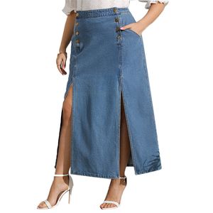 Plus size Dresses Side Slit Plus Size Denim Skirts Women Solid Color High Waist A Line Loose Casual Retro Button Female Fashion Length Skirt 221006