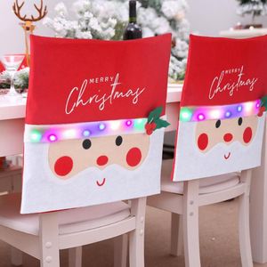 Chair Covers Christmas Santa Claus Print Cover With LED String Light Non-Woven Dining Back Slipcover Party Living Room Decoration