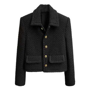 Jacken Schwarz Vintage Revers abgeschnitten Tweed Jacke Frauen koreanische Mode einreihige Mischungen Mantel elegante Luxus Design kurze Oberbekleidung Y2210