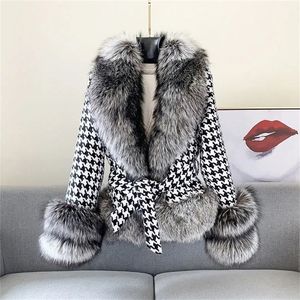 معطف الفراء النسائي معطف الخريف الشتاء النمط الشاب القصيرة Houndstooth تقليد الفضة معاطف أفخم دافئة أنثى 220930