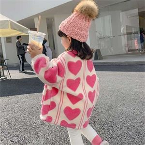 Jackets Girls Fleece Jacket Coat Cute Heart Pattern Warm Children Outerwear Sweatshirt Winter Fashion Kids Top Clothes 2201006