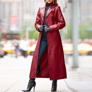 معاطف الخندق للسيدات Windbreaker Women Moto Riker Autumnlong Winter Solid Color Faux Leather Long Slim Wind Coat
