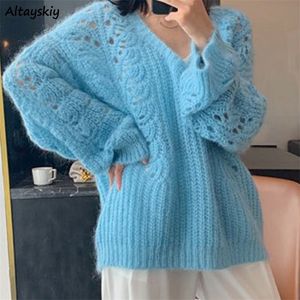 Women's Sweaters Pullovers Women Spring Hollow Out V-neck Soft Sweater 3 Colors All-match Pure Simple Female Design Clothes Knitwear Basic Tender 221006