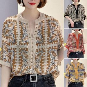 Women's Blouses V-Neck Half Sleeve Rivet Lace Pullover Shirt Retro Ethnic Style Pattern Print Drilling Decor Blouse Streetwear