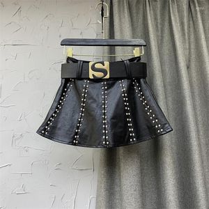 Skirts 2022 Autumn A-line Skirt Heavy Rivet PU Leather For Women Sexy Package Hip Mini