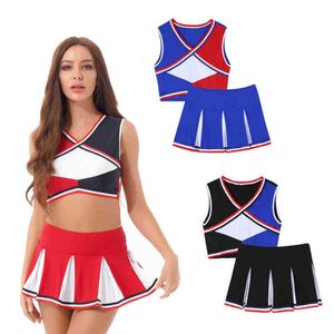 Women's Tracksuits Womens Cheerleading Dance Outfit Sexy Cosplay Role Play Come Color Block V Neck Sleeveless Crop Top with Pleated Skirt T220909