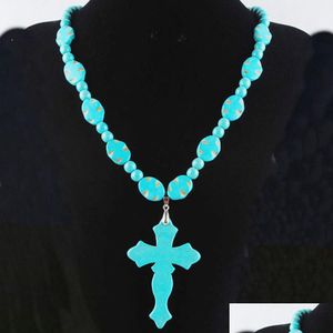 Beaded Necklaces Vintage Blue Turquoise Cross Beads Dangle Pendant Necklace Strand 21 Inches Men Women Boho Charm Jewelry Bdejewelry Dhgg3