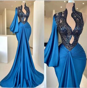 2023 Blue Mermaid Prom Dresses Sexy Deep V Neck Lange mouwen avondjurk bruidsmeisje formele jurken op maat gemaakt BC14506 GB1006