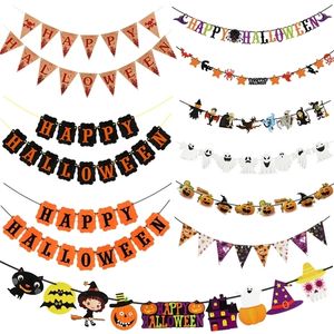 Banner Bayraklar Mutlu Cadılar Bayramı Kağıt Korku Yarasası Pumpkin Cadı Örümcek Kafatası Çelenk Parti Asılı Dekorasyon Bunting 220930