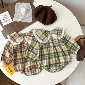 Rompers Girls Sweet Retro Plaid Peter Pan Collar長袖ボディスーツ秋、新しいオールコンテストコットンジャンプスーツの男の子ファッション衣装J220922