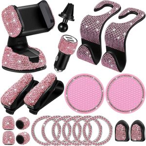 20pcs/set Rhinestones Cell Phone Holder Universal Bling Car Accessories For Women Auto Interior Hooks Sticker Pad Set Pink