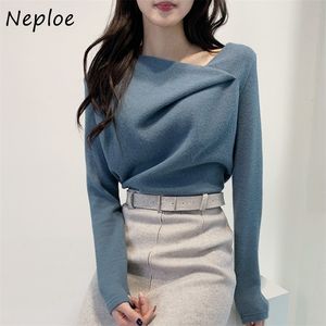 Swetery kobiet Neploe Skewę Kołnierz Nieregularny dzianin Sweater Kobiety Elegancki jesienna zima elegancka elegancka femme pullovers solidny kolor proste topy z całego meczu 221006