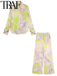 Kvinnors tvådelade byxor Herrspårar Traf Casual Summer Women Floral Print Suits Lätt långärmad skjorta raka byxor Tall 2 -stycken uppsättningar 221006