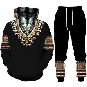 Herrspårar afrikanska dashiki hoodie/kostym herrar casual 3d tryckt etnisk stil tröja byxor set män/kvinnor folk-custom streetwear tracksuit 221006