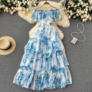 2022 Women Dresses New Casual Summer Floral Print Slim Short Lady Dress A Line Slash Neck Chiffon Pullover Mid-Calf