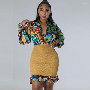 Casual Dresses Printed Shirt Style Patchwork Bodycon Mini For Women Party Club Even Dress Ruffles Hem Slim Elastic Ruched Elegant